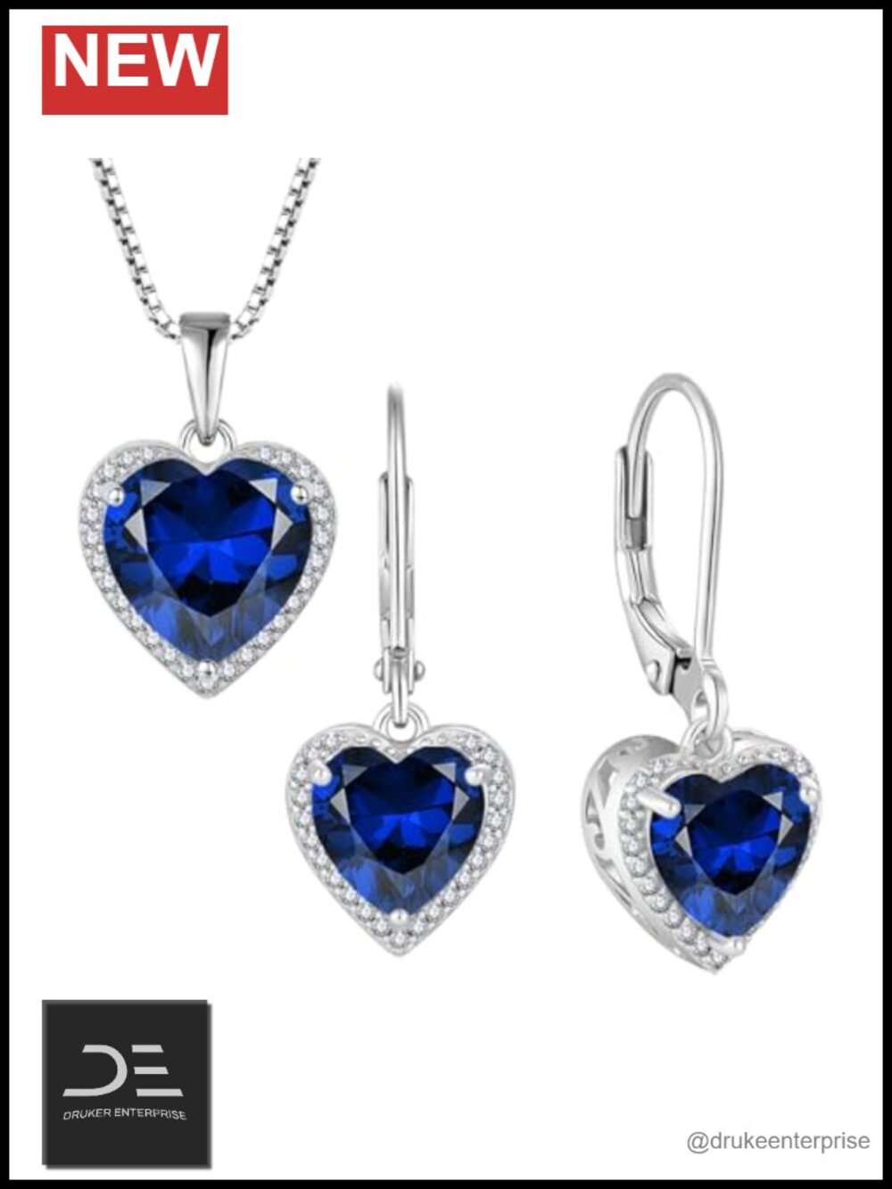 925 Sterling Silver Halo Heart Jewelry Set for Women Sapphire Necklace Earrings